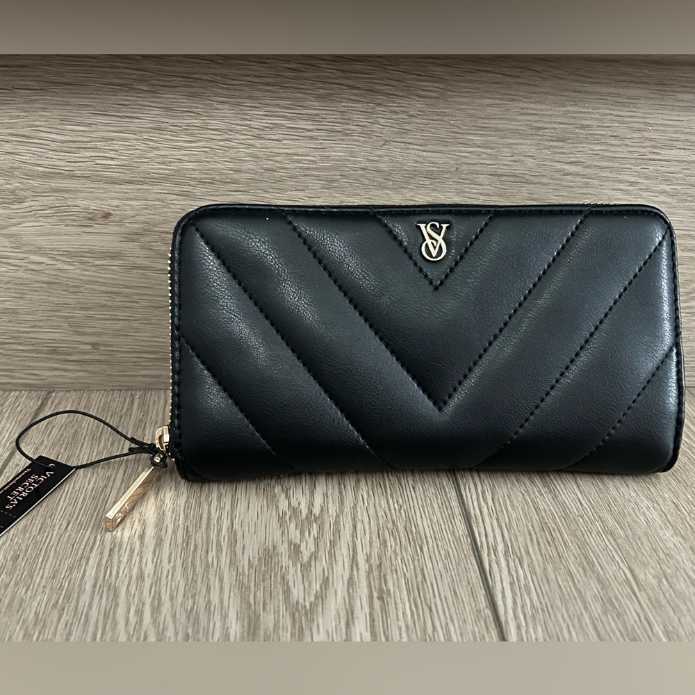 Victoria's Secret Black Quilted Zip-Around Wallet with Gold Zipper